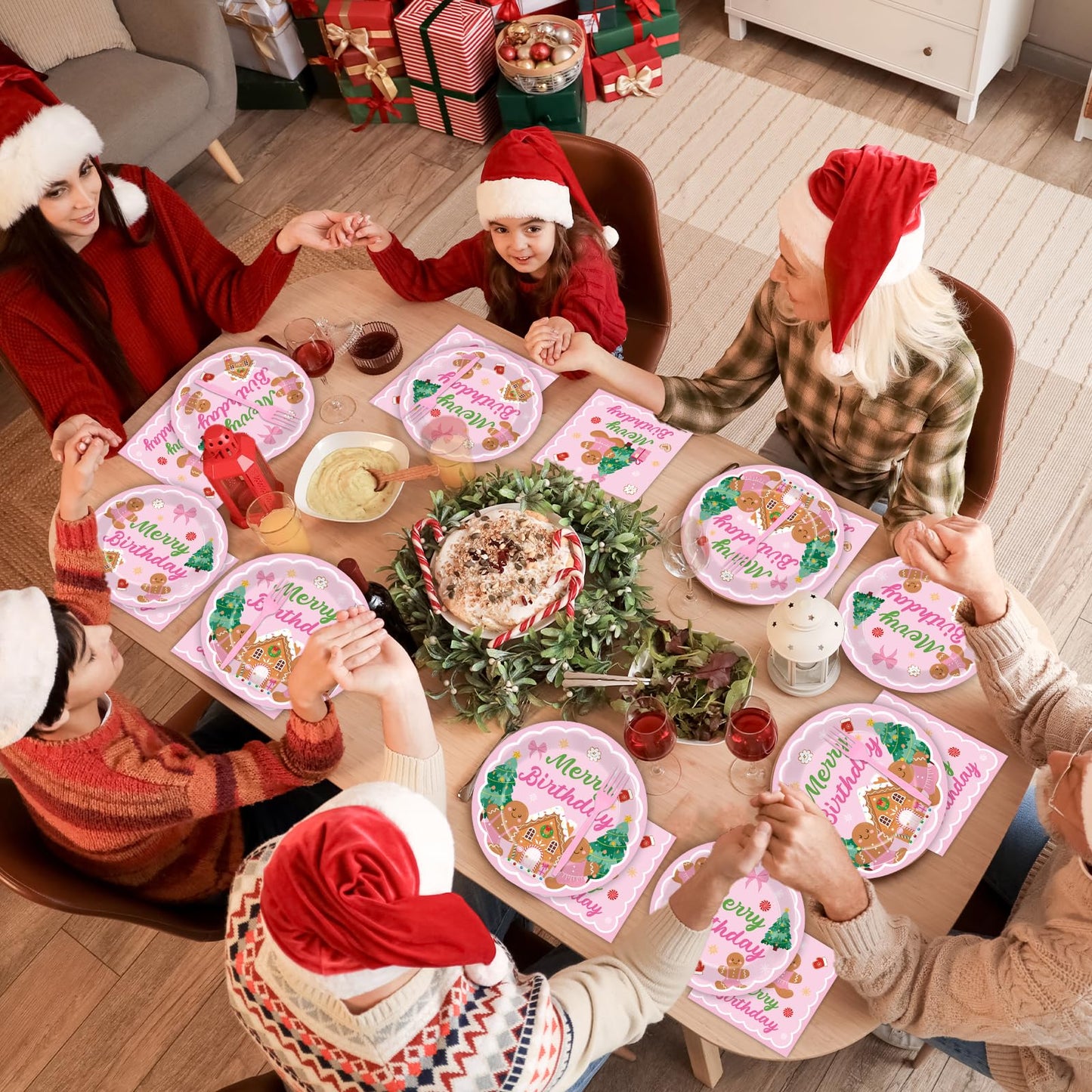 96 Pcs Gingerbread Birthday Party Plates Napkins Tableware Set Pink Christmas Party Supplies Disposable Dinnerware Merry Birthday Decoration Favors for Winter Xmas Baby Shower Holiday, 24 Guests