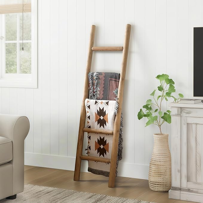 Wooden Blanket Ladder Natural & Motley Wood - Leaning Wall Decor for Bedroom, Bathroom, Living Room - Rustic Quilt Holder & Towel Rack (Natural Wood Color 57in, 57in | Fully Assembled)