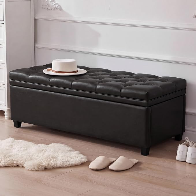 Mangodan 43" Storage Ottoman Bench, Tufted Ottoman with Storage for Living Room, Large End of Bed Ottomans, Modern Entryway Benchs, Window & Bedroom Benches for Foot of Bed (Faux Leather Black)