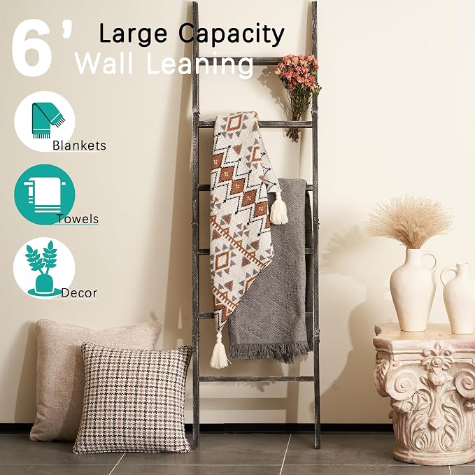 Blanket Ladder for The Living Room 6-Tier, Wooden Decorative Quilt Holder for Bed Room, Wall-Leaning Wood Towel Rack for Bathroom，Rustic Farmhouse Ladders for Display.(Black Wash)