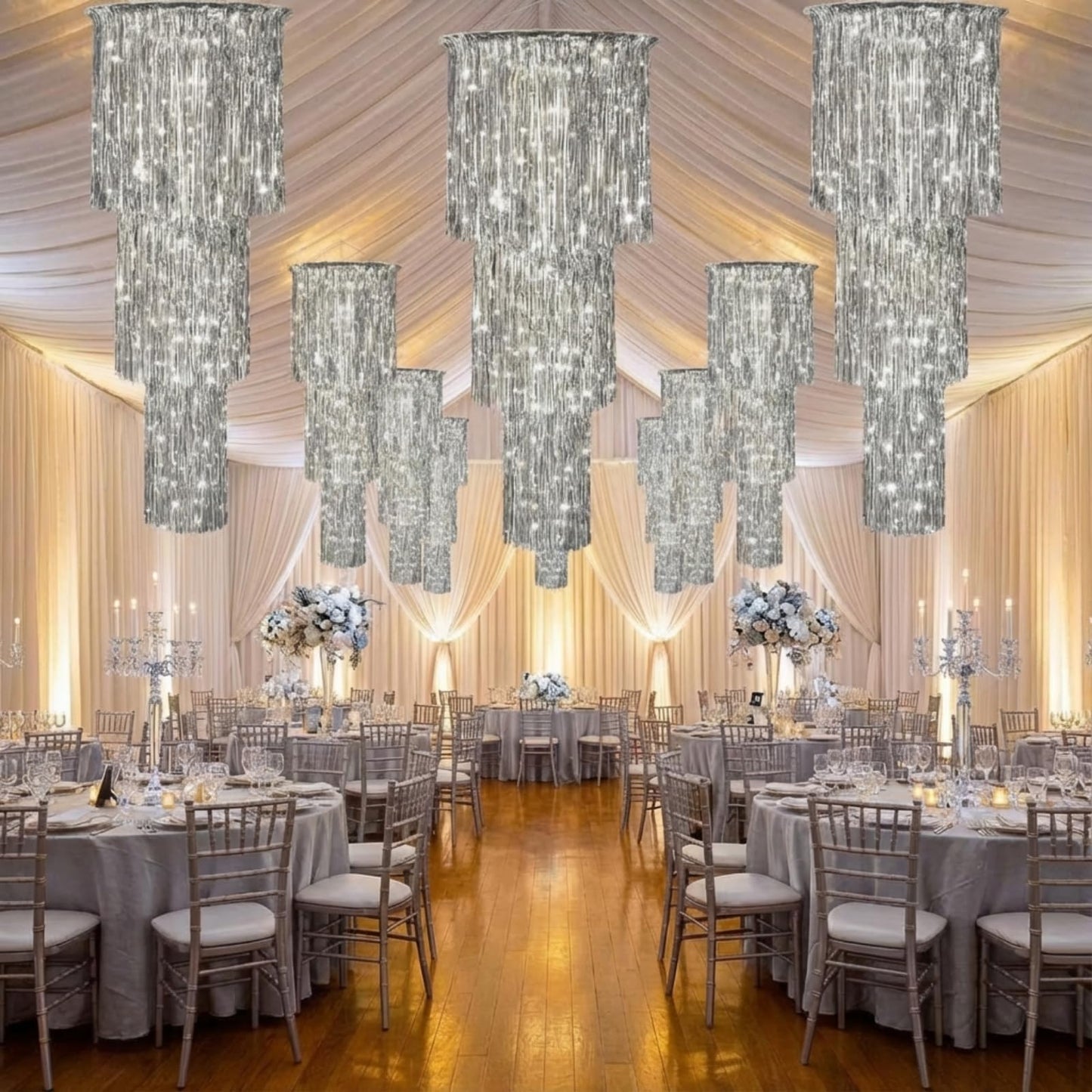 2 Pcs 3 Tier Metallic Tinsel Chandelier Shimmering Fringe Chandelier Decor Hanging Decoration Photo Booth Backdrop for Birthday Anniversary Wedding Party Supplies, 4 Ft(Silver)