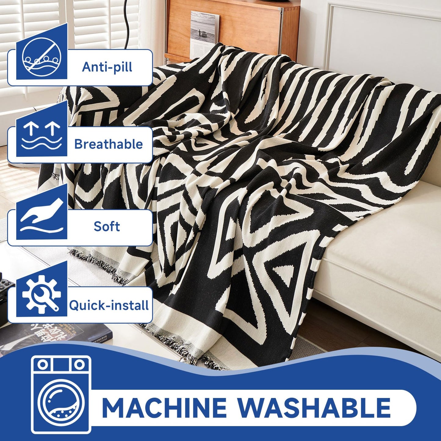 VClife Boho Couch Cover for Dog, Soft Cooling Sofa Cover for Sectional L Shape, Breathable Fabric Furniture Protector for Pet, Reversible White and Black Checkered Plaid Sofa Slip Cover Futon Cover