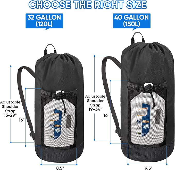 BALEINE 120L Laundry Bag Backpack, 900D Oxford Fabric Large Travel Laundry Bags with Shoulder Straps and 2 Mesh Pockets for College Dorm, Apartment, Laundromat (Black, 120L)