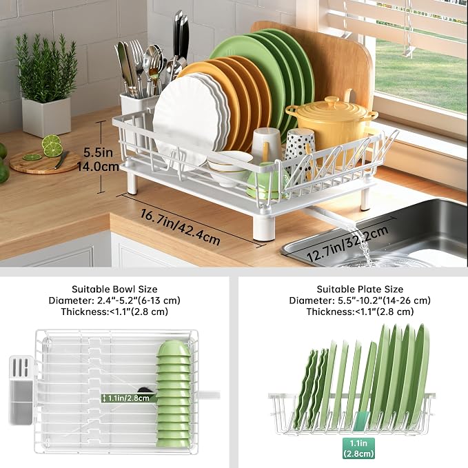 Dish Drying Rack, Dish Racks for Kitchen Counter, Detachable Dish Drainer with Drainboard, Utensil Holder, Cup Holder, Space Saving Kitchen Drying Rack for Small Home and Appartment, White