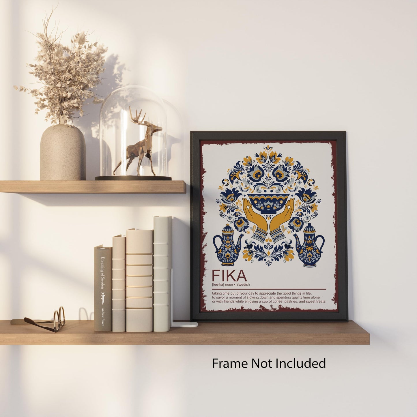 Moments of Warmth and Fika - Scandinavian Wall Decor Poster - 8x10 Unframed Swedish Folk Art Print for Kitchen Living Room Office - Nordic Home Gift for Women Christmas Midsummer or Rustic Cozy Décor