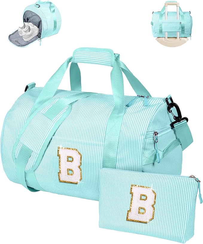 Fashionable Gifts for Girls, Girl Gym Bag, Kids Initial Overnight Duffel Bags with Shoe Compartment, Personalized Travel Bag with Makeup Pouch, Trendy Stuff for Teen Sister(Letter B)