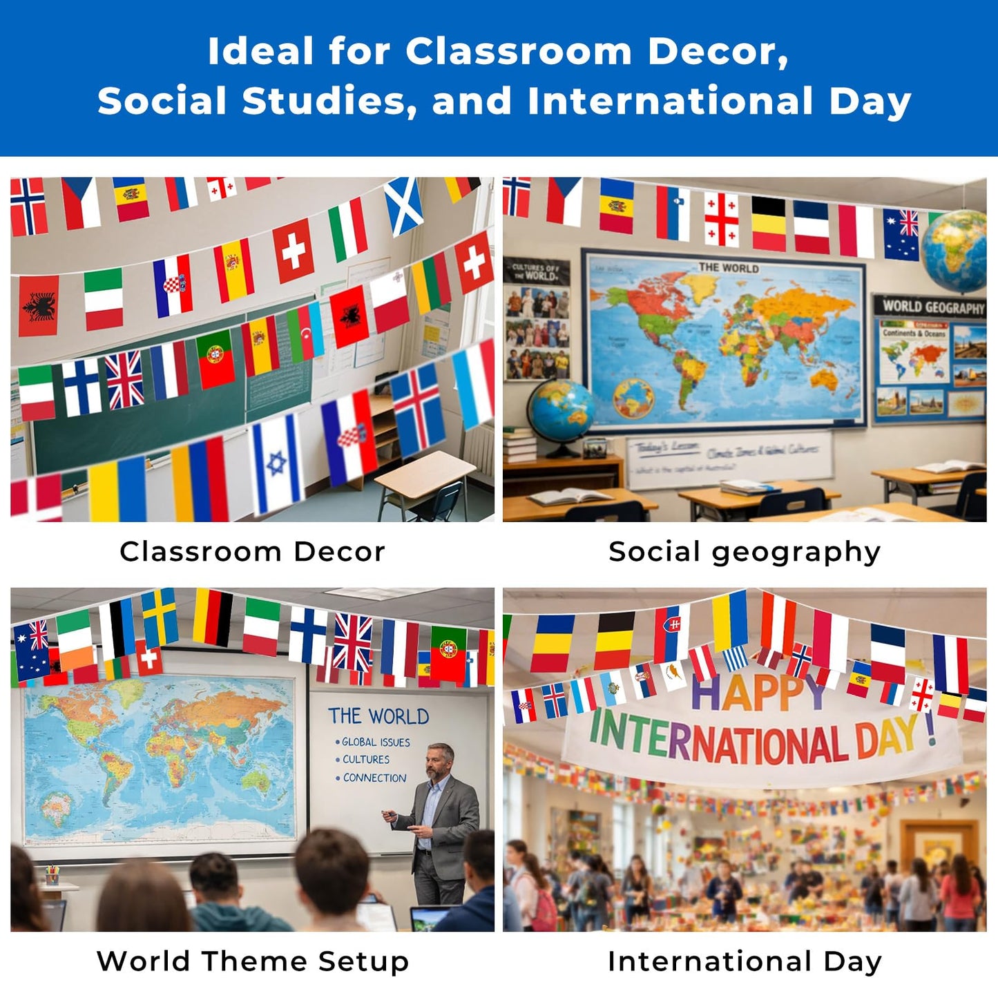 100 Country Flags Banner 82ft, Pre-Strung Reusable Polyester Flags of the World International Bunting for Classroom Decor, Party, Festival, Patio & Outdoor Events