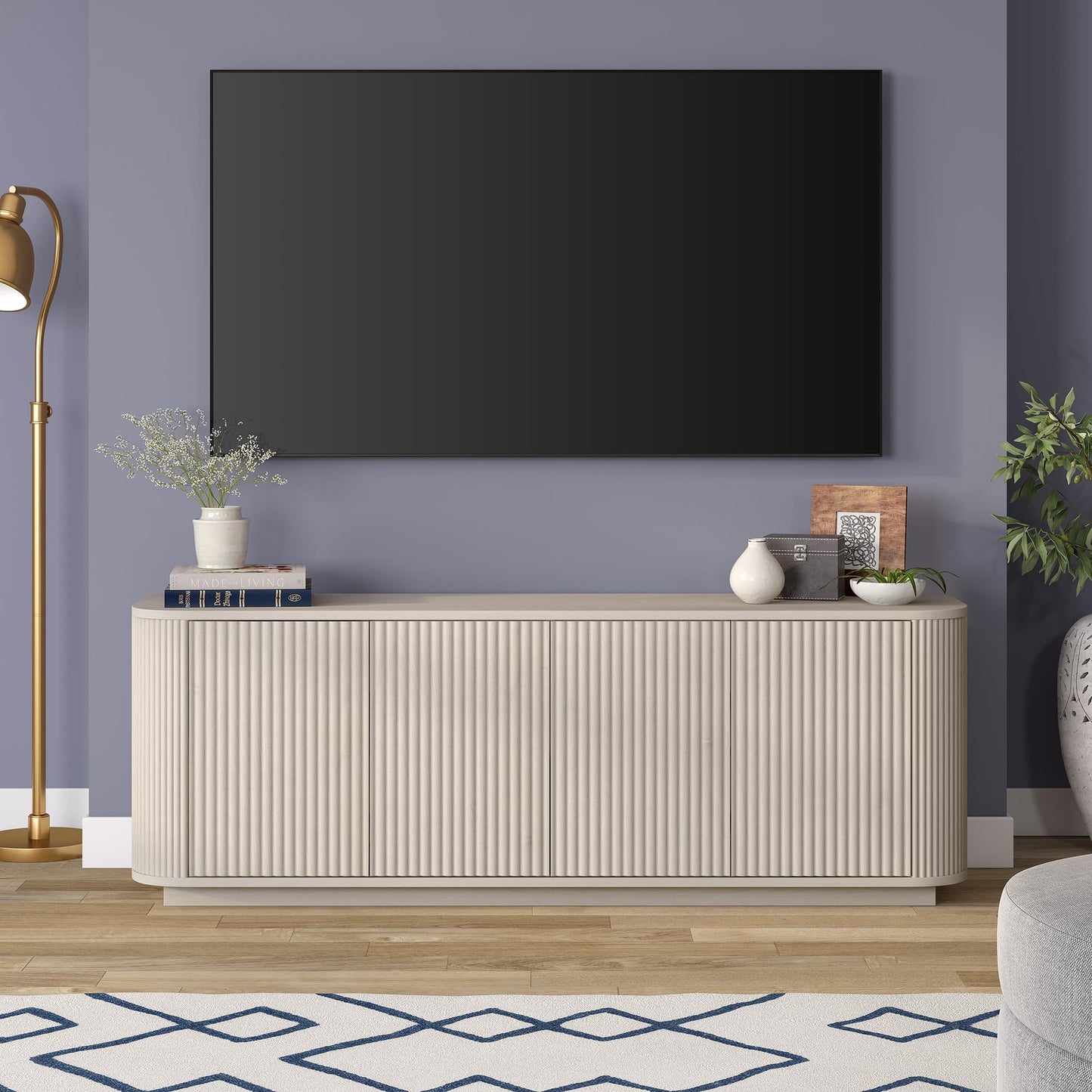 Henn&Hart Fluted TV Stand for TVs up to 75" with 2 Storage Cabinets with an Adjustable Shelf for Living Room, Family Room, or Office, Beech White