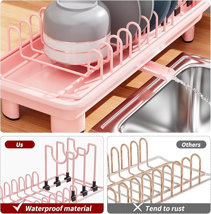 SanDream Small Dish Drying Rack with Removable Utensil Holder & Anti-Scratch Base - Stainless Steel Dish Rack, Dish Drying Rack with Drainage & Space Saving Design for Kitchen Counter, Pink