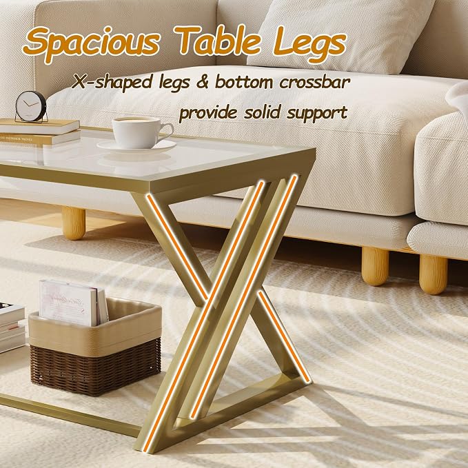 Wolawu Coffee Table Gold Glass Coffee Table for Living Room,Modern Rectangular Center Table with Sturdy Metal Frame,Tempered Glass Table Tea Tables for Bedroom Home Office