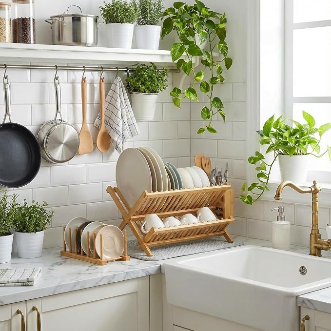 6 Pcs Plate Organizer Set for Cabinet 2 Tier Bamboo Collapsible Dish Rack with Utensil Holder Plate Holder and Mat for Kitchen Organizer Cabinet Pot Lid, Bowl, Cup, Chopsticks, Utensils