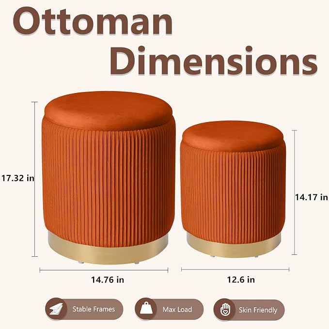 Royal Windsor Round Ottoman with Storage Set of 2, Vanity Stool with Storage for Bedroom, Ottoman Coffee Table Gold-Tone Ring Around the Base, Small Velvet Foot Stool for Living Room, Orange