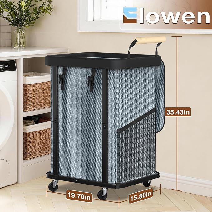40 Gal (150L) Laundry Hamper with Lid, Leather Patchwork Laundry Basket with Rolling Lockable Wheels and Handle, Laundry Basket Organizer for Laundry Room, Bedroom and Bathroom,Laundry Room - Gray