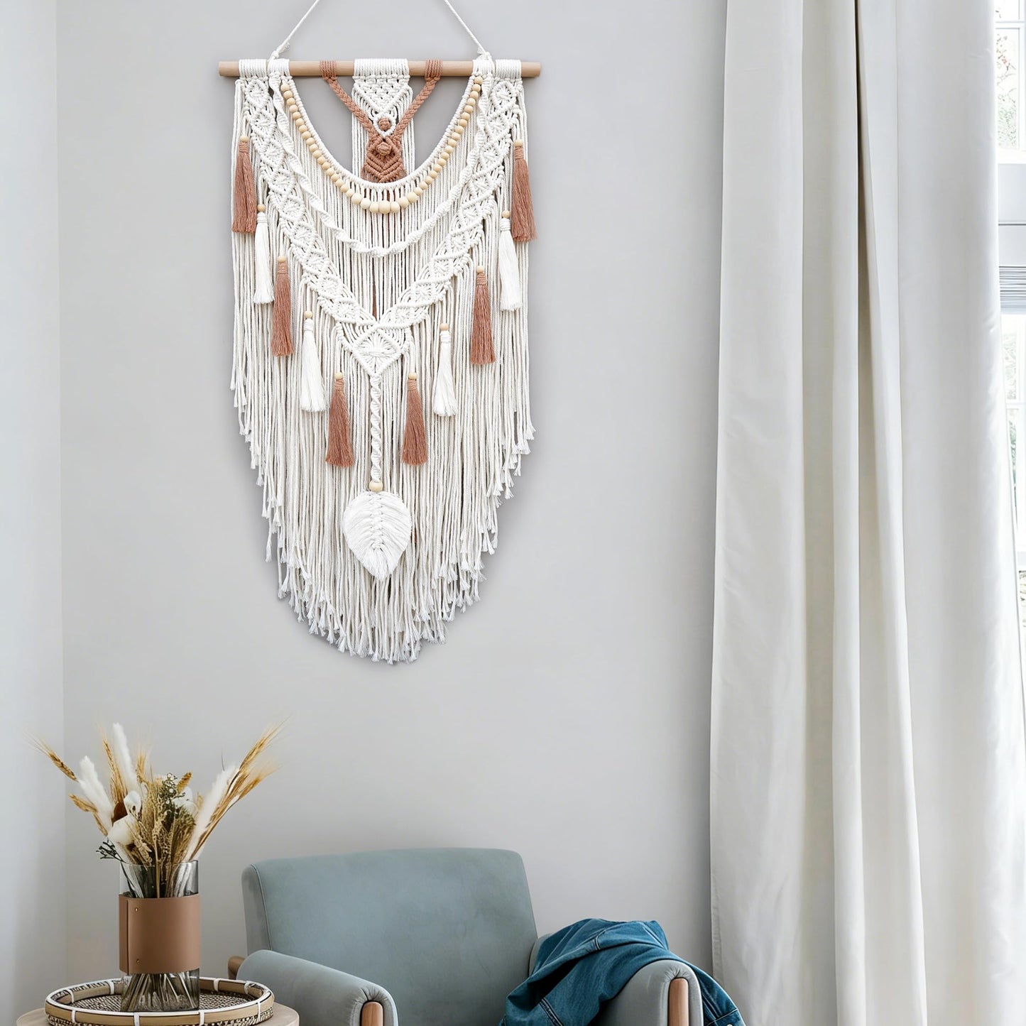 MEIZHIANDME Macrame Wall Hanging, Boho Woven Tapestry Wall Decor, Chic Bohemian Handmade Leaf Feather Wall Art Decorations for Bedroom Living Room Apartment Wedding Party (Leaf & Wood Bead)