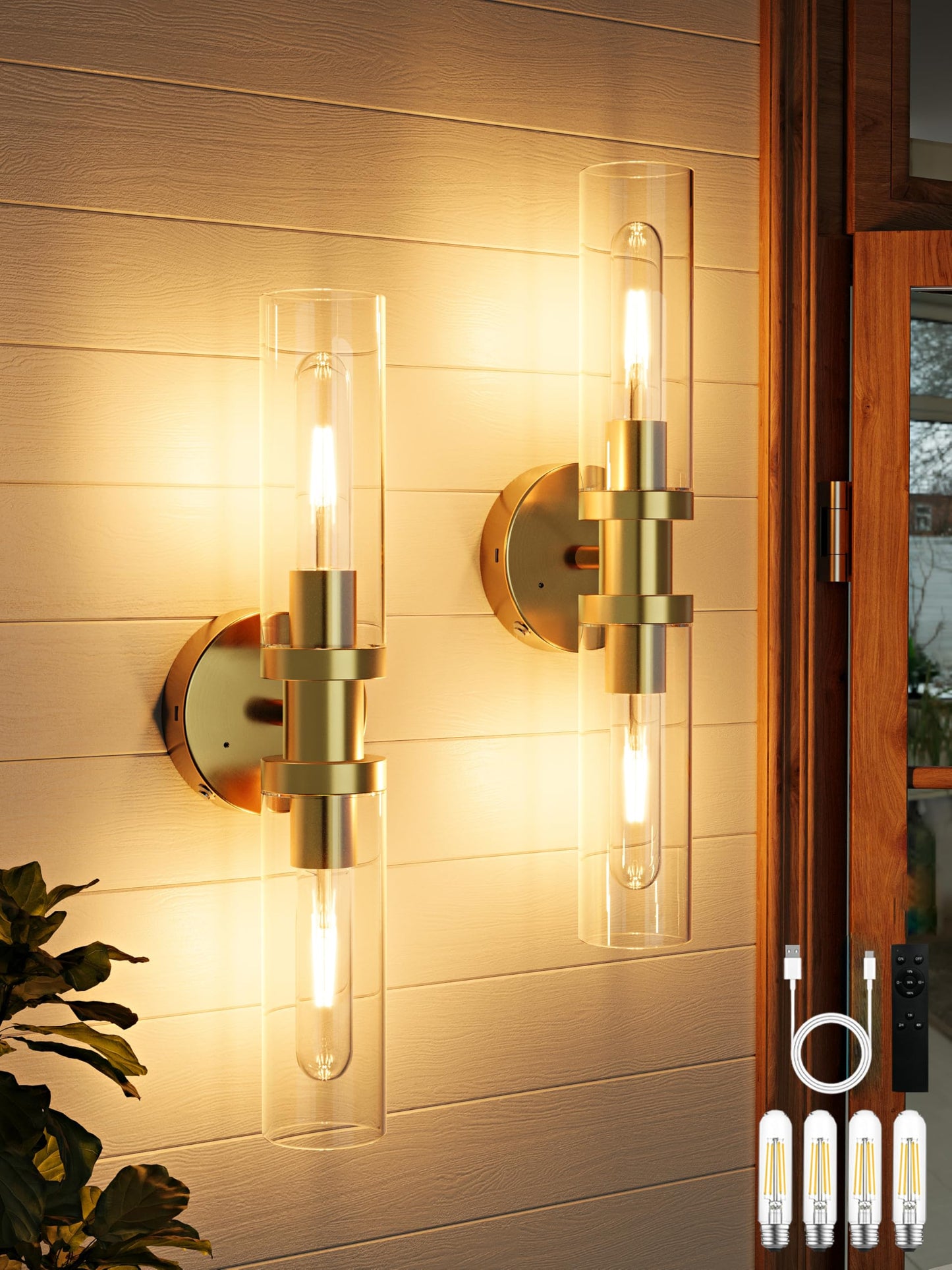 Rayogale Battery Operated Wall Sconces Set of 2, Rechargeable Wireless Wall Lights Remote Control, 10000mAh Not Hardwired Timer Dimmable Wall Lamps for Living Room Bedroom Entryway Gold 16.5 Inch