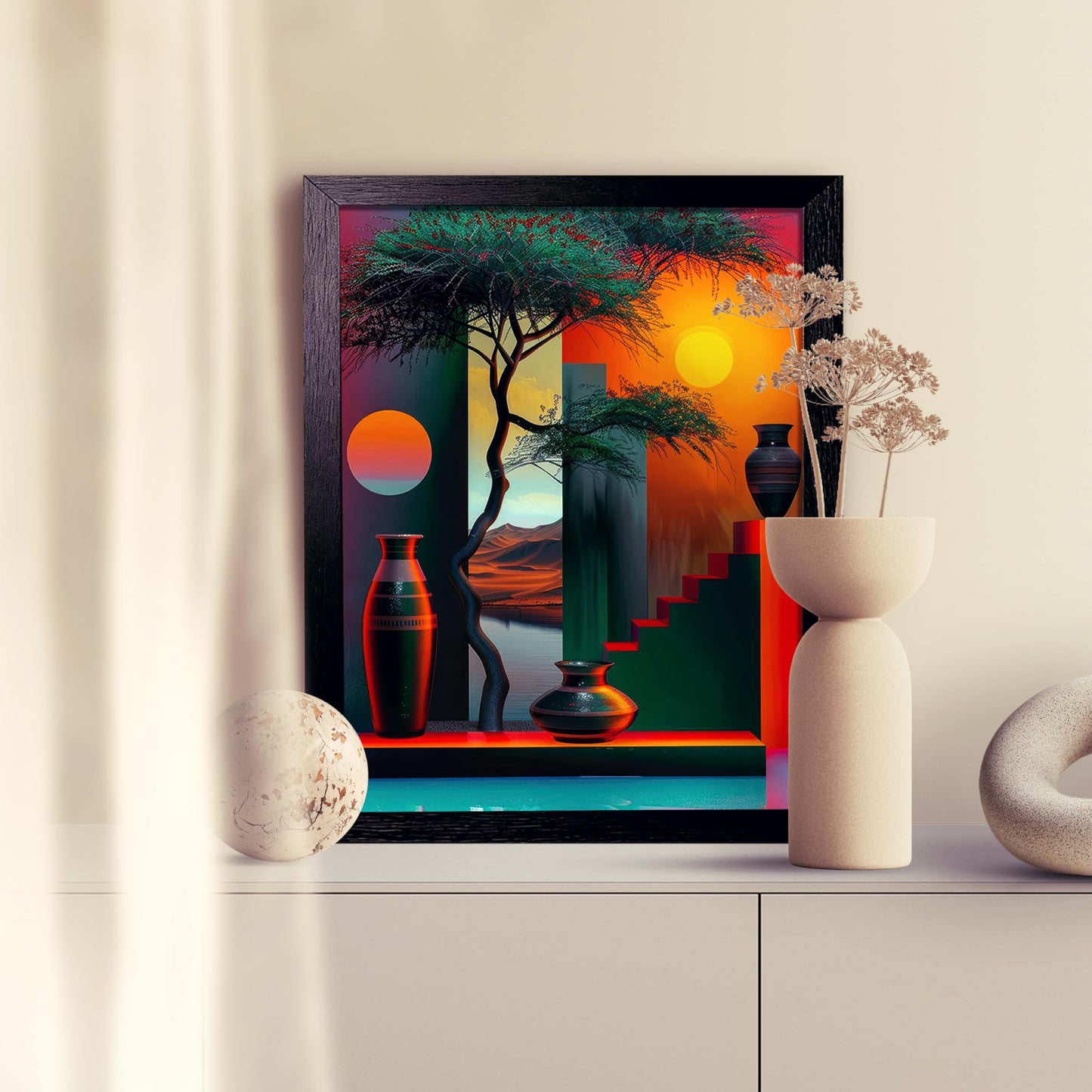 Black Framed African American Canvas Wall Art, Africa Modern Painting Picture Wall Decor, Afrocentric Tree And Vase Poster Print Artwork for Living Room Bedroom Office Home Decoration