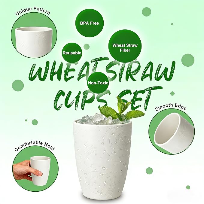 Wheat Straw Unbreakable Drinking Cups, 12 OZ Tumbler Set of 6, Lightweight Reusable Cups, Reusable Cups Alternative to Plastic, Dishwasher Safe Tumbler for Kitchen, Camping, RV, White