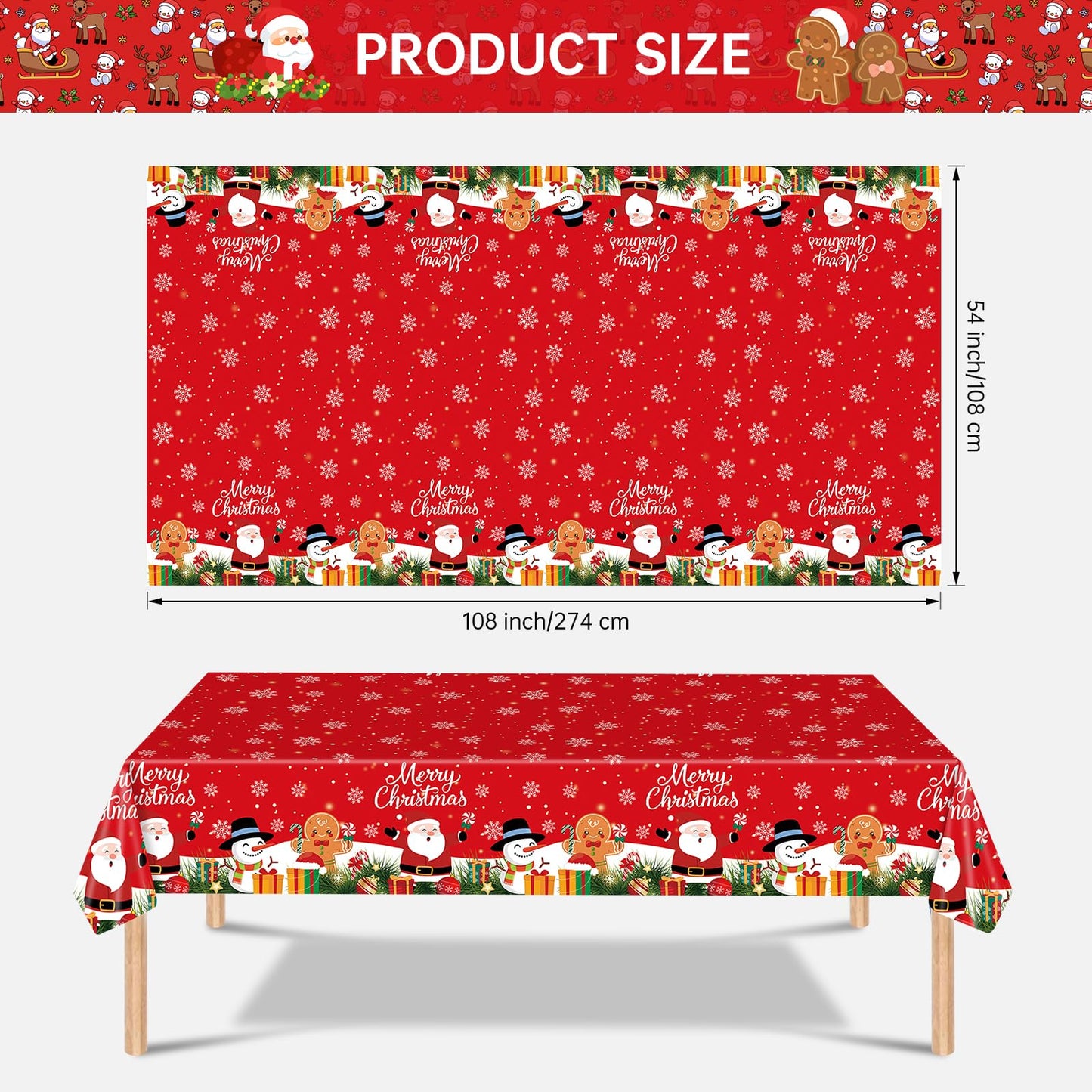 2 Pcs Christmas Tablecloth - Plastic Merry Christmas Table Cloth, Red Disposable Rectangle Cute Santa Claus Snowman Xmas Table Cover for Christma Party Decorations Favors Tables Decor, 108 x 54 Inch