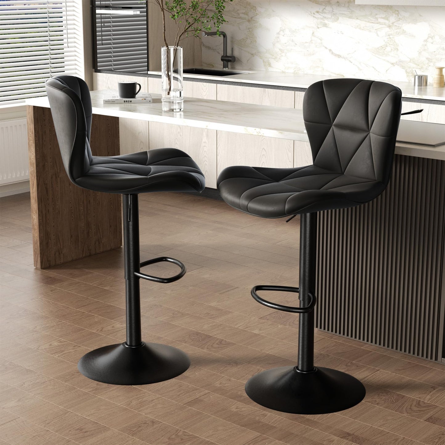 Nalupatio Modern Bar Stools Set of 2, Adjustable Faux Leather Upholstered Swivel Bar Stools, Counter Height Bar Chairs with Back for Kitchen Island, Black