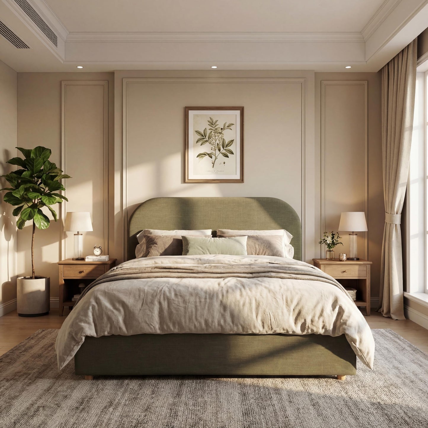 Christopher Knight Home Lanet Linen Upholstered Queen Size Bed Frame with Headboard, Modern Queen Bed Frame and Headboard, Wooden Slats Support, Easy Assembly, No Box Spring Needed, Olive Green