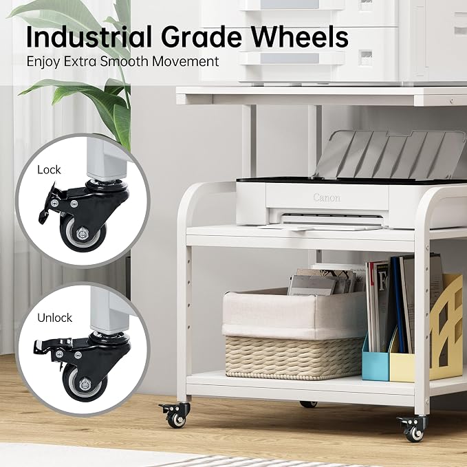 Fannova Printer Stand, 25.6" x 23.6" x 30.9" Extra Large Printer Table with Adjustable Storage Shelf, 3 Tier Rolling Printer Cart with Industrial Wheels for Home Office, White