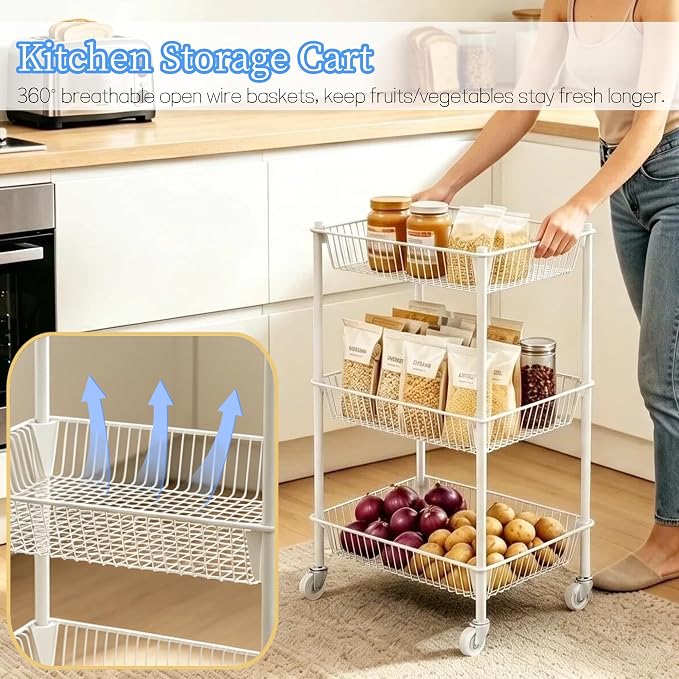 Kitchen Storage Cart for Fruit Vegetable 3 Tier Utility Cart with Wheels, White Rolling Pantry Floor Organizer Onion Potato Storage, Metal Wire Basket Stand Snack Shelf Home Organization