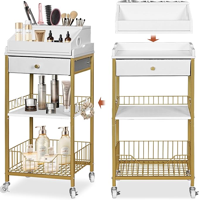 Makeup Organizer Cart with Drawer, 2-in-1 Rolling Organizer Cart with Hair Tool Holder, Vanity Storage for Skincare, Perfume, Nail Polish, Cosmetics, Gold Finish
