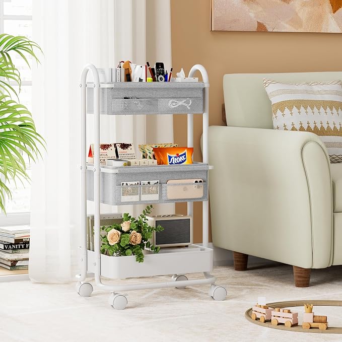 Modanais Baby Diaper Caddy Organizer Cart - 3 Tier Rolling Storage Cart with Wheels, Baby Essentials for Nursery Storage, Detachable Dividers - for Crib, Bedroom, Art & Craft Organizer (Light Gray)