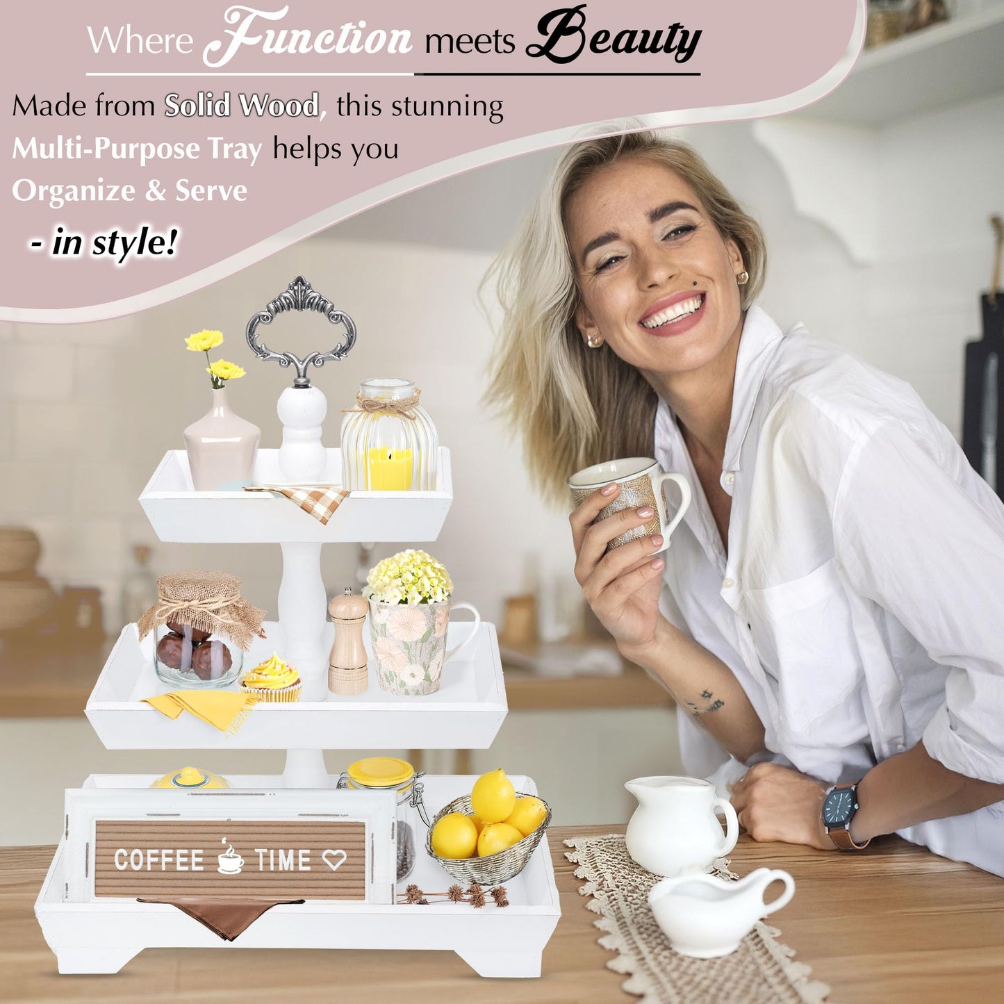 [3 in 1] 3 Tier Serving Tray - Gorgeous Coffee Table Tray (Includes 3 Handles) - Can Assemble into a 1, 2 or 3 Tier Serving Stands - Rectangle Wooden Kitchen Table Centerpiece Felt Creative Home Goods