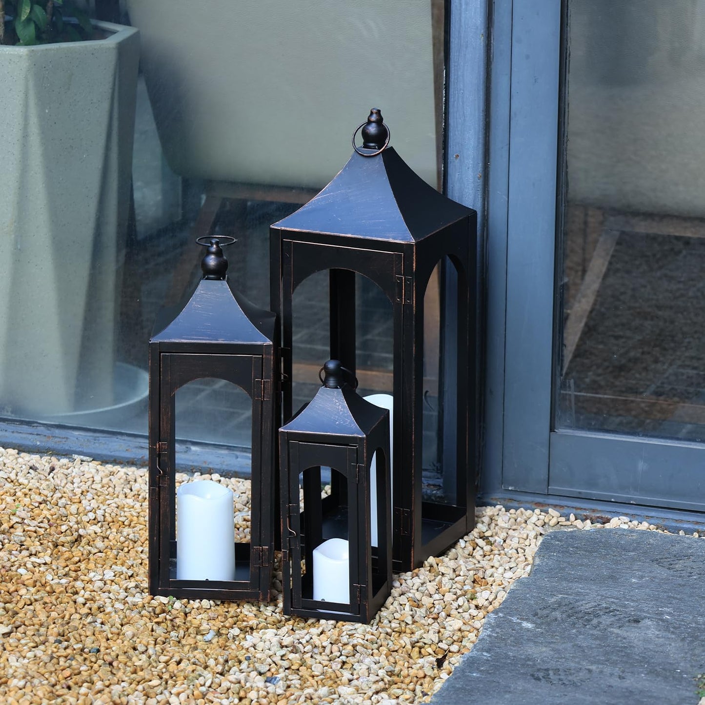 NEEDOMO Lanterns Decorative Indoor&Outdoor,Set of 3 Outdoor Lanterns for Porch, 26" Metal Frame Candle Holders with LED Candles, Fall, Christmas
