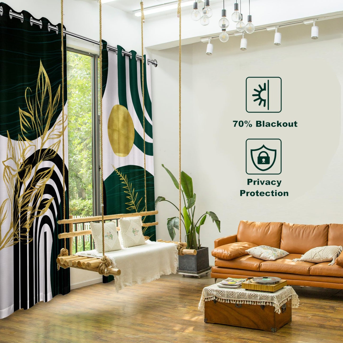 soeeao Mid Century Modern Hunter Green Blackout Curtains Boho, Bohemian MCM Black Emerald Dark Green and Gold Window Drapes for Bedroom Living Room, 84 inch Length 2 Panels Set, 52x84 inch