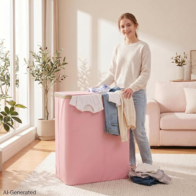 DOKEHOM 160L Extra Large Laundry Hamper with Lid, 2-Section Double Laundry Basket with Removable Mesh Liner Bags, Collapsible Clothes Sorter for Family, Bedroom, Laundry Room, Pink