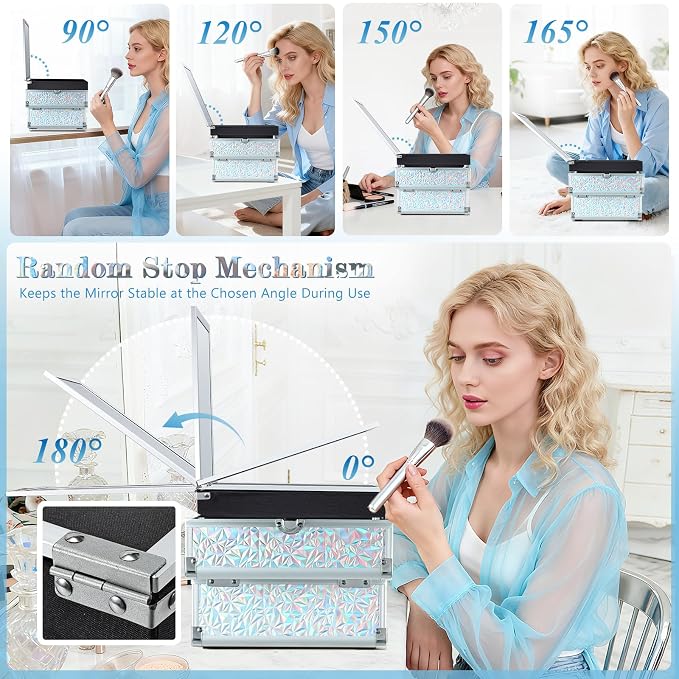 Joligrace Makeup Train Case Makeup Case Organizer Portable Cosmetic Box Storage with 2 Trays Mirror Locking with Keys Make Up Travel Case Nail Kits Traveling Makeup Box Shiny Silver