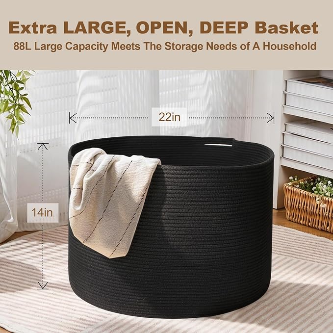 MEGASKET Large Black Blanket Basket, 22" X 22" X 14" Woven Rope Bin for Storage, Kids Dog Toy Storage Box Organizer Bins, Blanket Holder for Living Room, Decorative Wicker Basket for Organizing