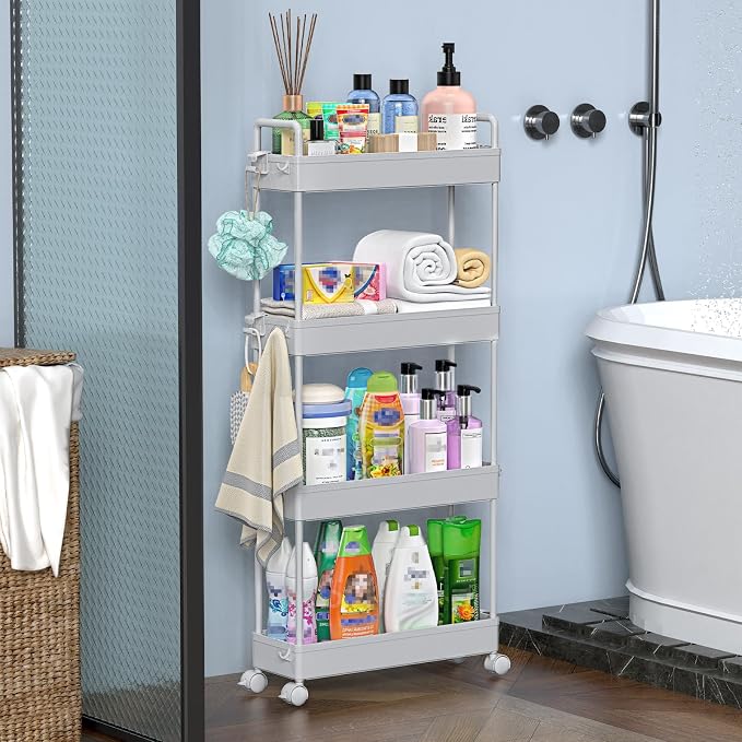 SOLEJAZZ Slim Rolling Storage Cart with Wheels 4 Tier Skinny Bathroom Storage Organizer Narrow Shelf Unit Thin Laundry Room Utility Cart for Bedside Kitchen Office Next to Fridge Small Places, Gray