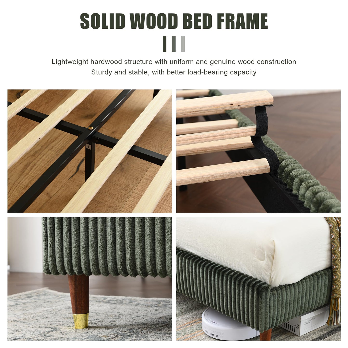 PINJU Full Size Bed Frame, Upholstered Platform Bed with Modern Vertical Striped Wingback Headboard with Wooden Slats, Easy to Assemble No Noise Free (Green, Full)