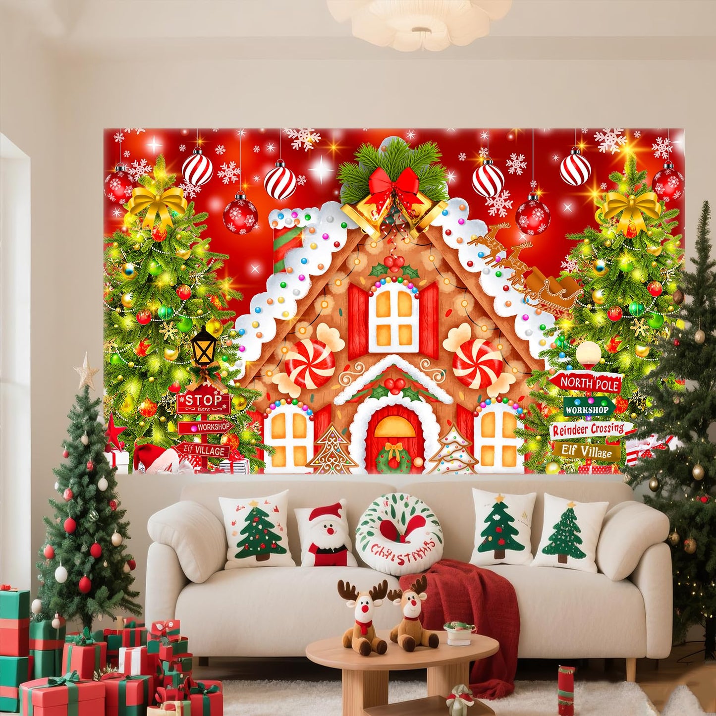 Christmas Backdrops for Photography, Gingerbread House Photo Backdrop for Wall Photoshoot, Xmas Background Holiday Party Decorations 7x5ft