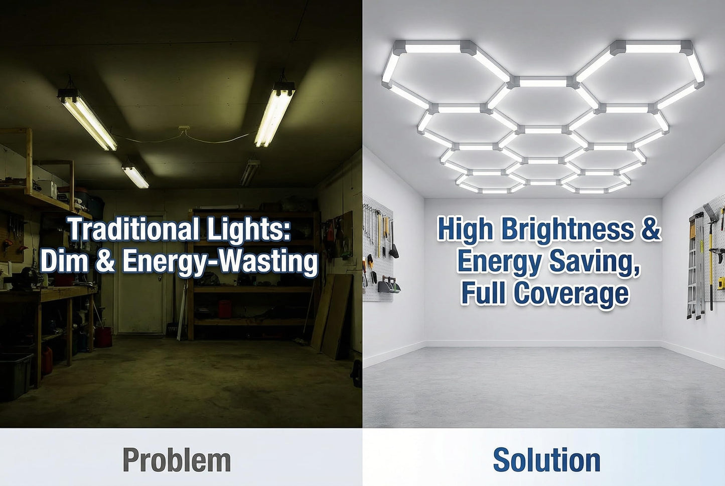 Hexagon Garage Lights LED Ceiling Light, 11 Cells Modular Honeycomb Garage Lighting, 46 LEDs Splicing Ceiling Lamp, Super Bright DIY Light Fixture for Workshop Warehouse, 6500K White