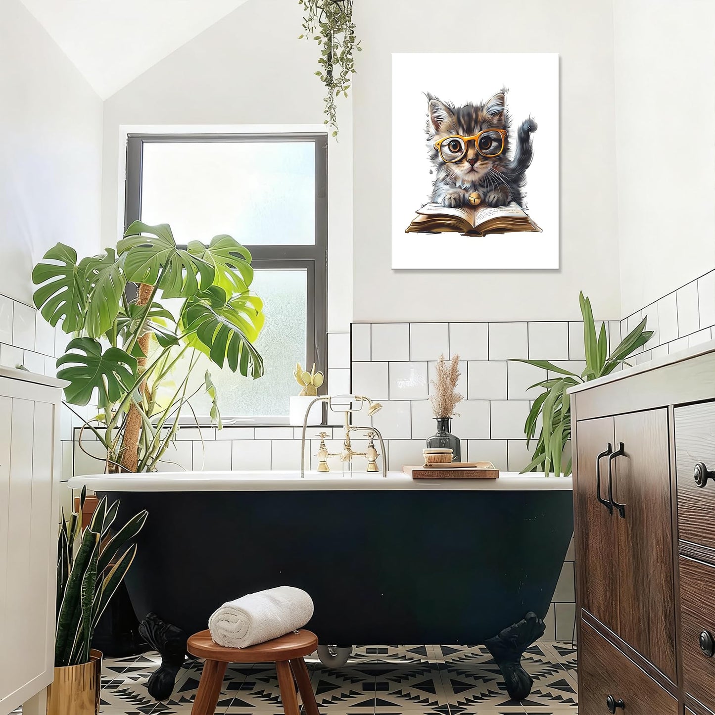 HVEST Cute Cat Wall Art Funny Cat Reading Book Modern Abstract Canvas Wall Art, Animal Wall Art for Living Room Bathroom Bedroom Office Decor, 16L x 12W Inches, Black