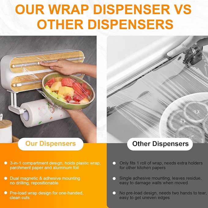 Kitchen Wrap Dispenser with Cutters Organize Aluminum Foil Plastic Wrap Wax Paper Wooden Design Storage Organizer with Easy Tear System for Countertop Pantry and Kitchen Cabinet (3in1)