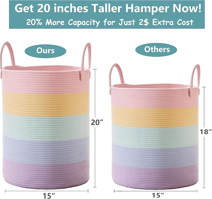 60L Laundry Hamper Basket for Baby Girls and Kids, Pastel Rainbow Unicorn Design, Woven Rope Nursery Basket for Blankets Toys in Playroom, 15Dx20H Inches Large Bedroom Hamper for Clothes