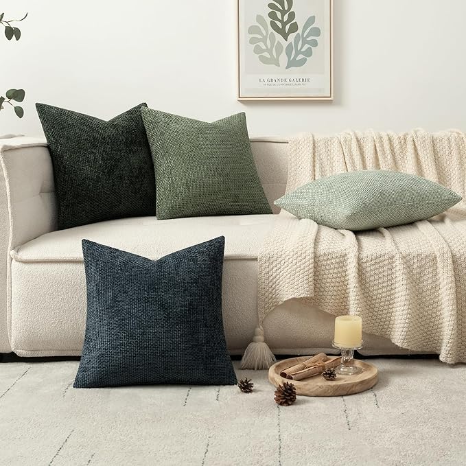 MIULEE Pack of 4 Couch Throw Pillow Covers 16x16 Inch Neutral Green Soft Decorative Chenille Pillow Covers Farmhouse Accent Cushion Covers for Boho Spring Home Decor Sofa Bedroom Living Room