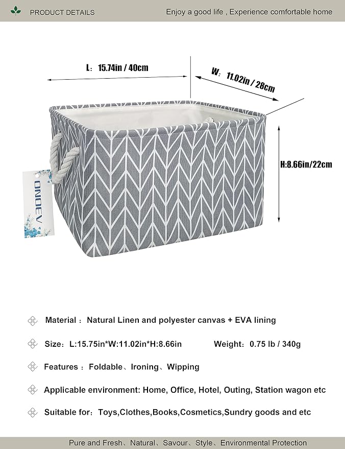 Thick Collapsible Rectangular Storage Bin with Cotton Rope Handles,Grey Chevron Fabric Organizer for Bedroom,Closet,Bathroom (Grey Chevron)