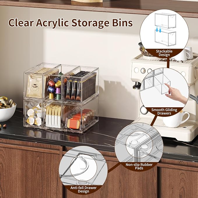 6 Pack Tea Bag Organizers, Clear Tea Packet Storage Bins for Pantry Countertop, Tea Station, Kitchen Cabinet, Stackable Teabag Holder Acrylic Drawer Organizer for Coffee Pods, Spice & Sugar Packets