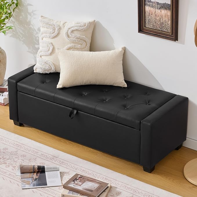 Huatean Home 48" Ottoman with Storage, Storage Ottoman Bench with Safety Hinge, Upholstered Entryway Bench with Seating for Bedroom, Living Room, Holds up to 330 lb, Light Black
