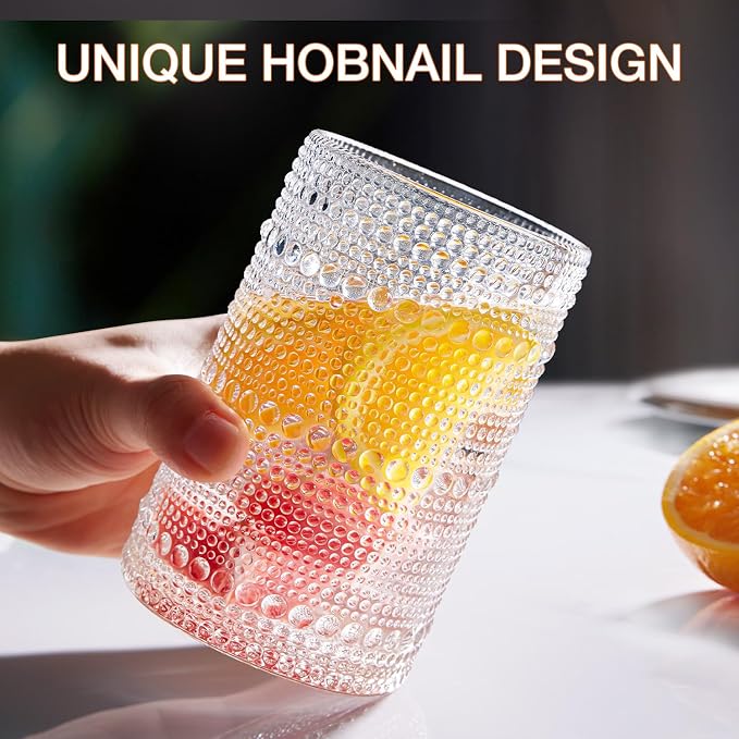 LUNA & MANTHA Drinking Water Glasses Set, Lead-Free Crystal Highball Glass, Tall Glass Cups for Cocktail Parties,Hobnail set of 8,15oz&12oz