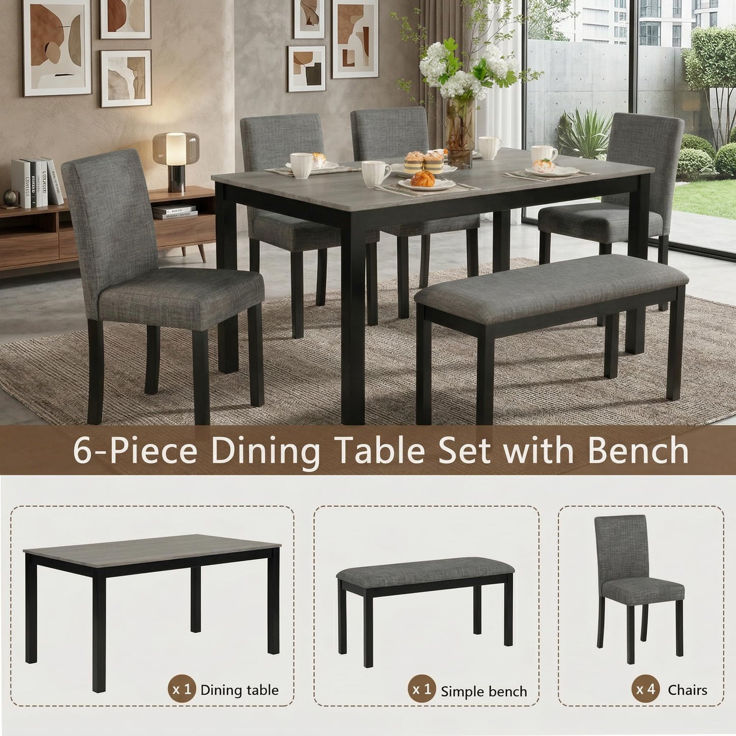 Casaphoria 6-Piece Dining Table Set with Bench and 4 Upholstered Chairs, Modern Wood Kitchen Table Set for 6, Rectangular Furniture for Dining Room, Home Gatherings, Light Grey & Black