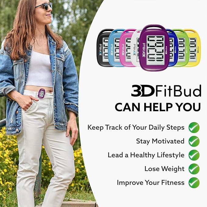 3DFitBud Simple Step Counter Walking 3D Pedometer from 3DActive with Clip & Lanyard - A420S