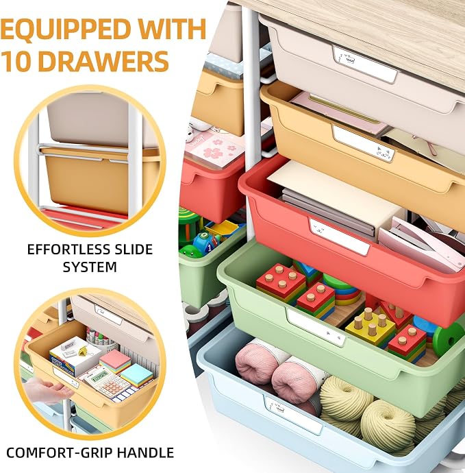 10 Drawers Rolling Cart with Wooden Tabletop, Utility Storage Cart with Wheels, Art Supply Craft Organizer on Wheel with Metal Frame & Handles for Home Office School,Colorful