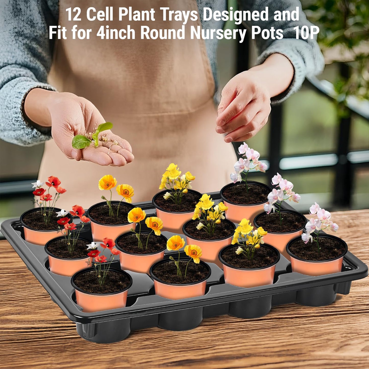 Sckee 12 Cell Round Nursery Pots Trays,Flower Pot Moving Tray, Nursery Pot Tray Plastic Planting Pot Carrying Trays for Moving Nursery Pot (17.2"×13.2"×2.5", 10PCS for 4'' Pots)